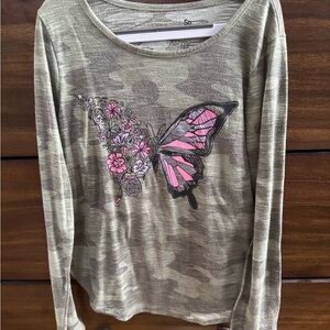 SO Camouflage Butterfly Long Sleeve Tee - Green and Pink
